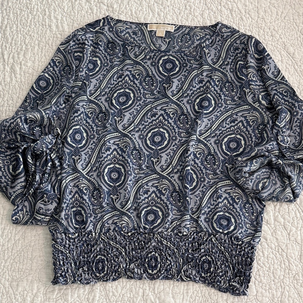 MICHAEL Michael Kors Navy and White Printed Smocked-Hem Blouse